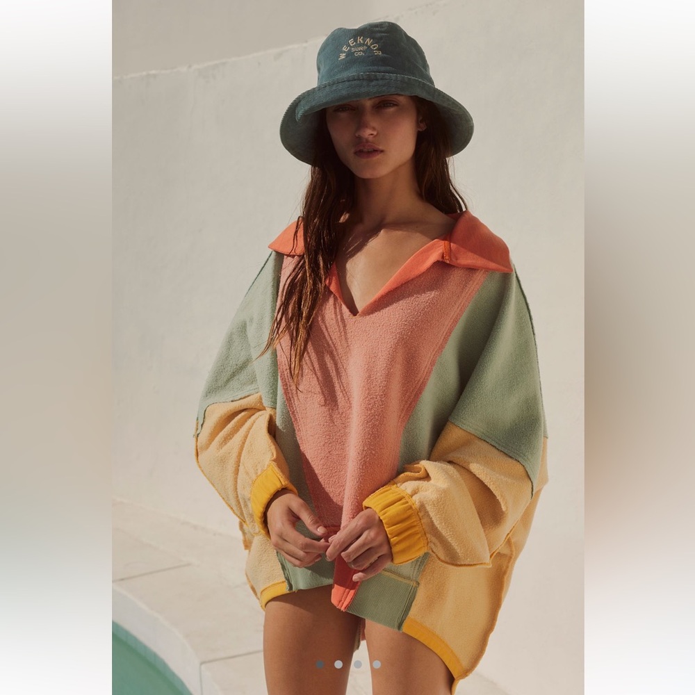Free People Colorblock Oversized Pullover Sweater in Coral, Sage, Yellow